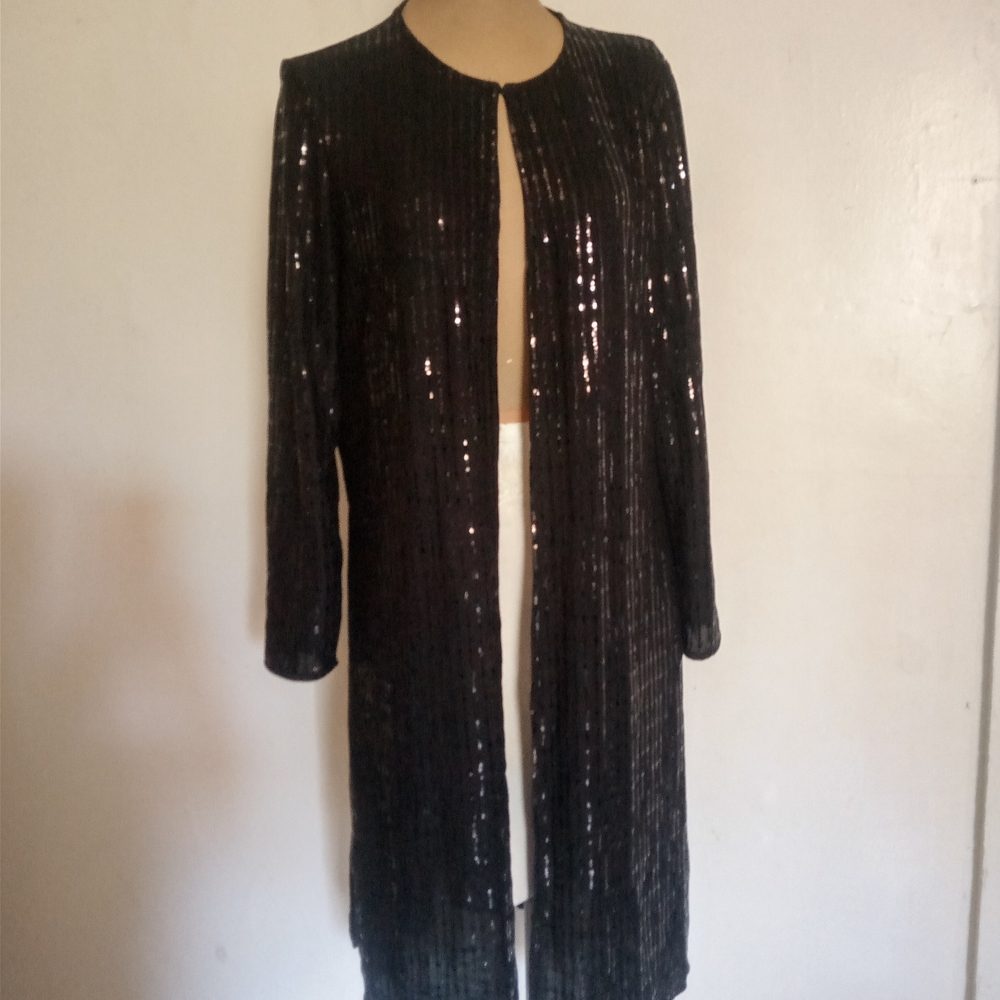 Anne Klein Black Sequin Long Open Blazer Jacket